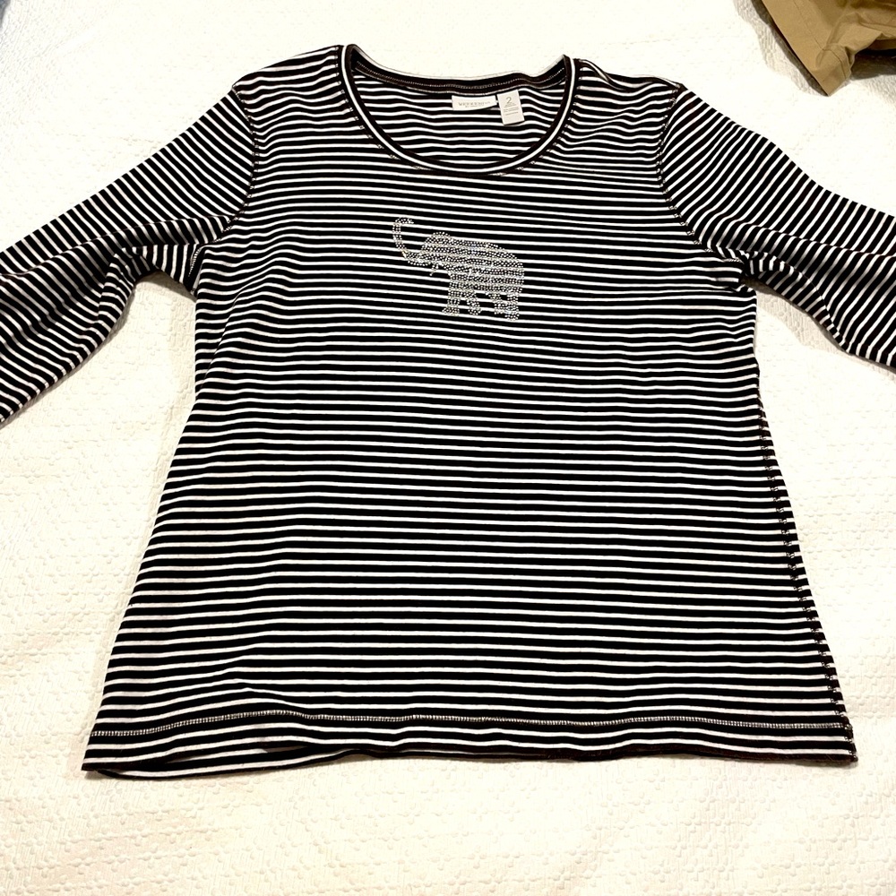 Ladies size 2 Chicos, brown and white top with silver studded elephant front